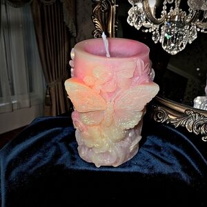 Handmade 100% Beeswax Butterfly Floral Sculpted Candle – Iridescent Pink Decor